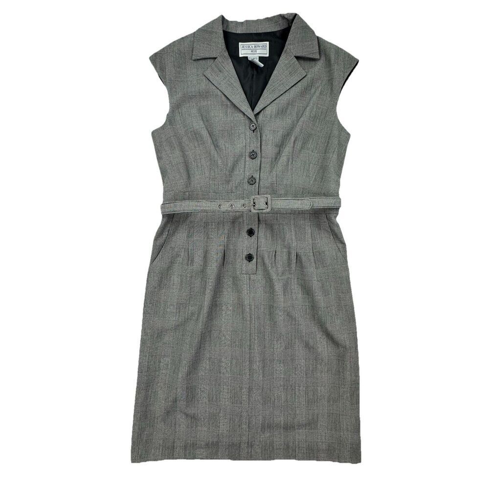 Gray Plaid Sheath Dress Petite 12P Belted Office Work Business Classic